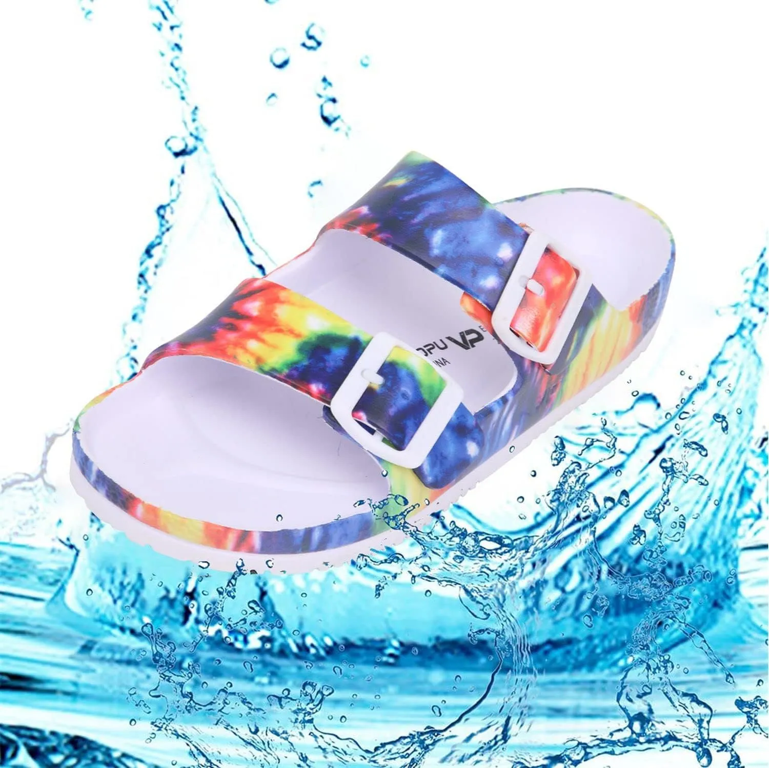 VICT POPU Womens Sandals Adjustable Double Buckle Strap Waterproof EVA Flat Slides