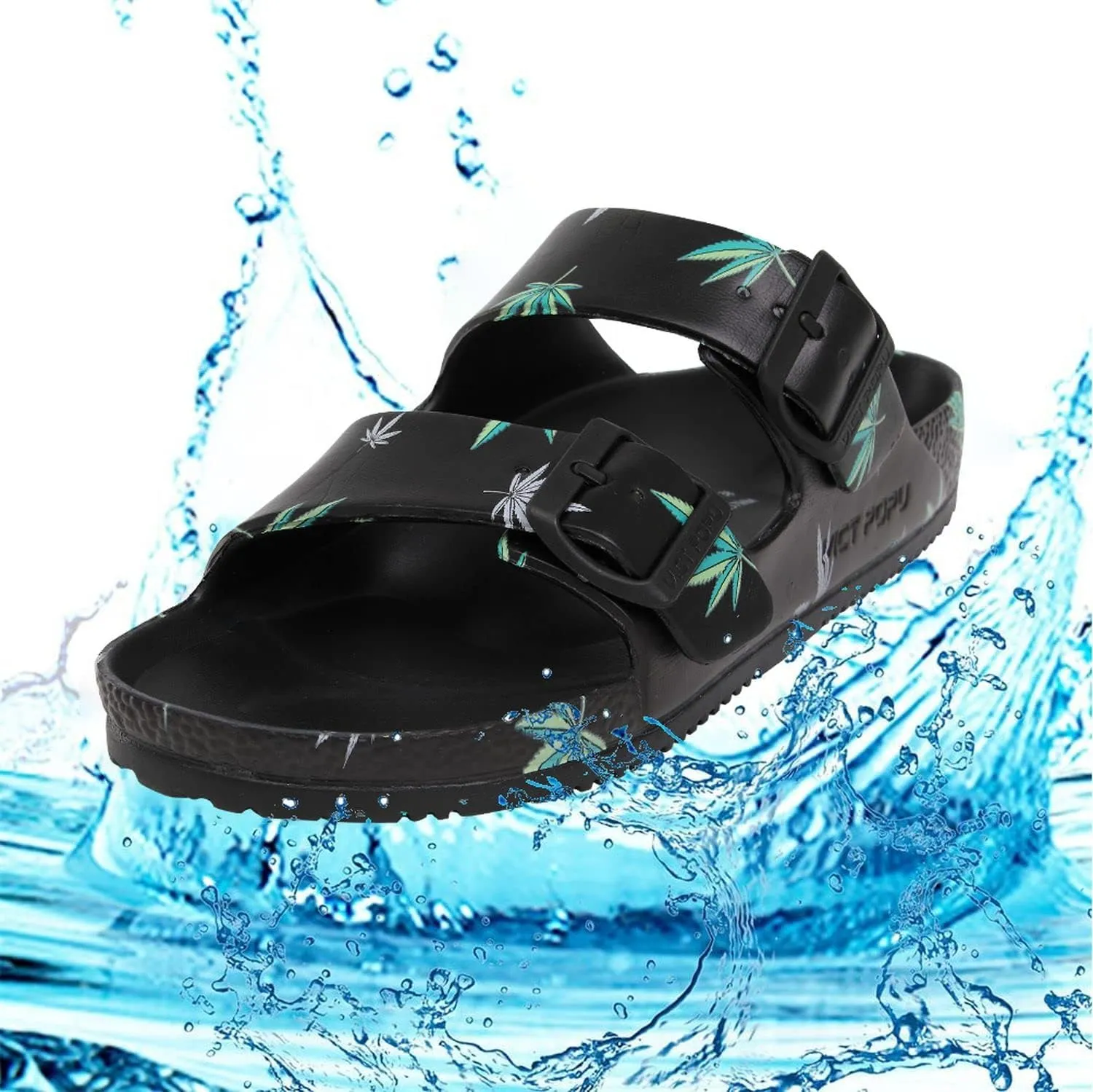 VICT POPU Womens Sandals Adjustable Double Buckle Strap Waterproof EVA Flat Slides