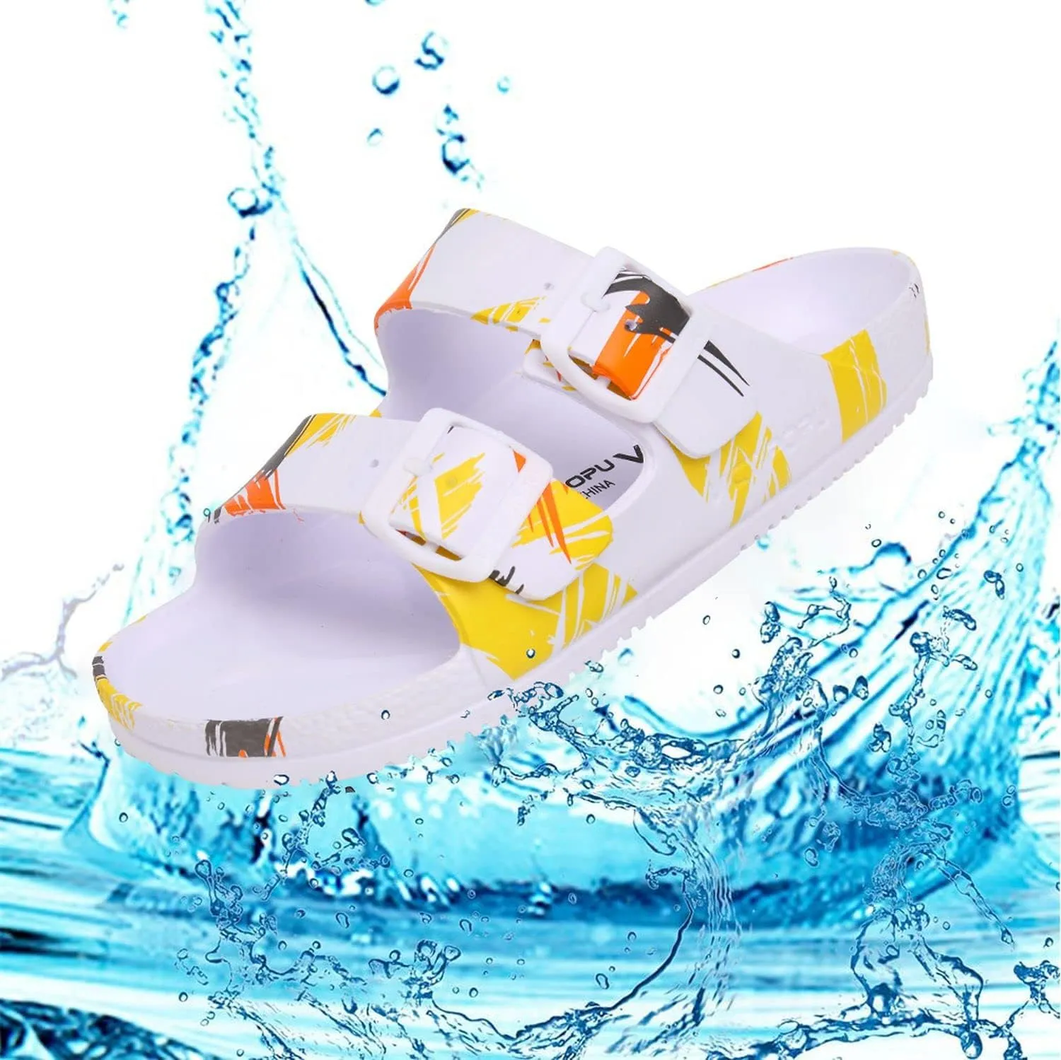 VICT POPU Womens Sandals Adjustable Double Buckle Strap Waterproof EVA Flat Slides