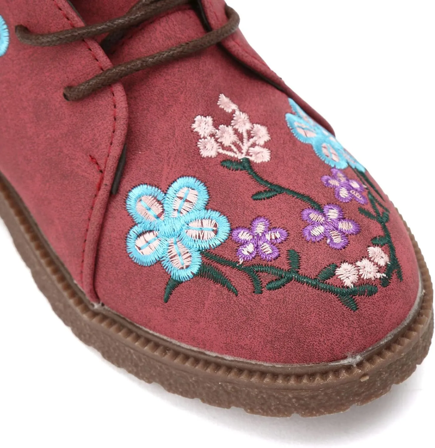 Vintage Combat Boots for Women - Floral Embroidered Suede - Lace Up Low Heel Riding Ankle Booties - 2024 Fall Winter Boots