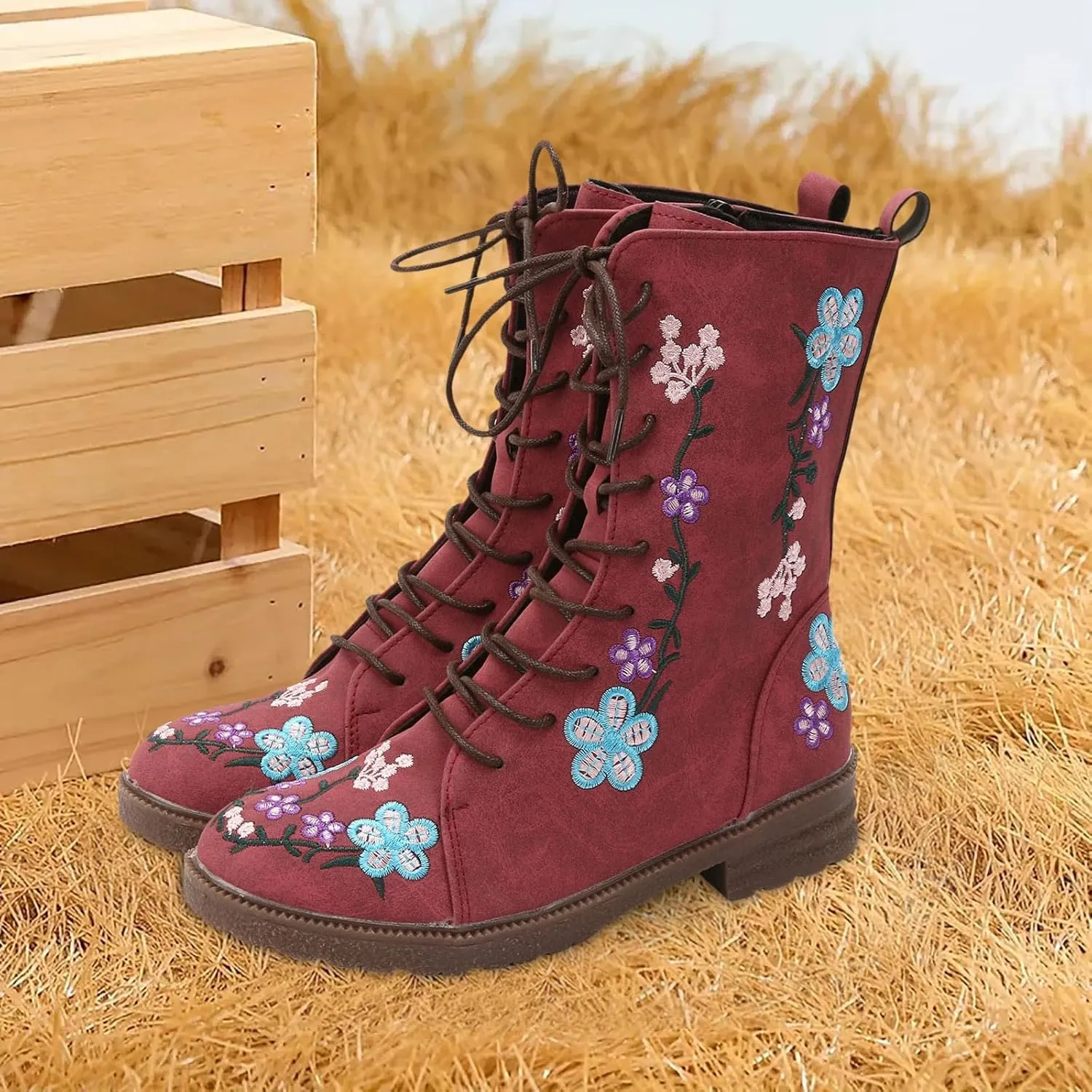 Vintage Combat Boots for Women - Floral Embroidered Suede - Lace Up Low Heel Riding Ankle Booties - 2024 Fall Winter Boots