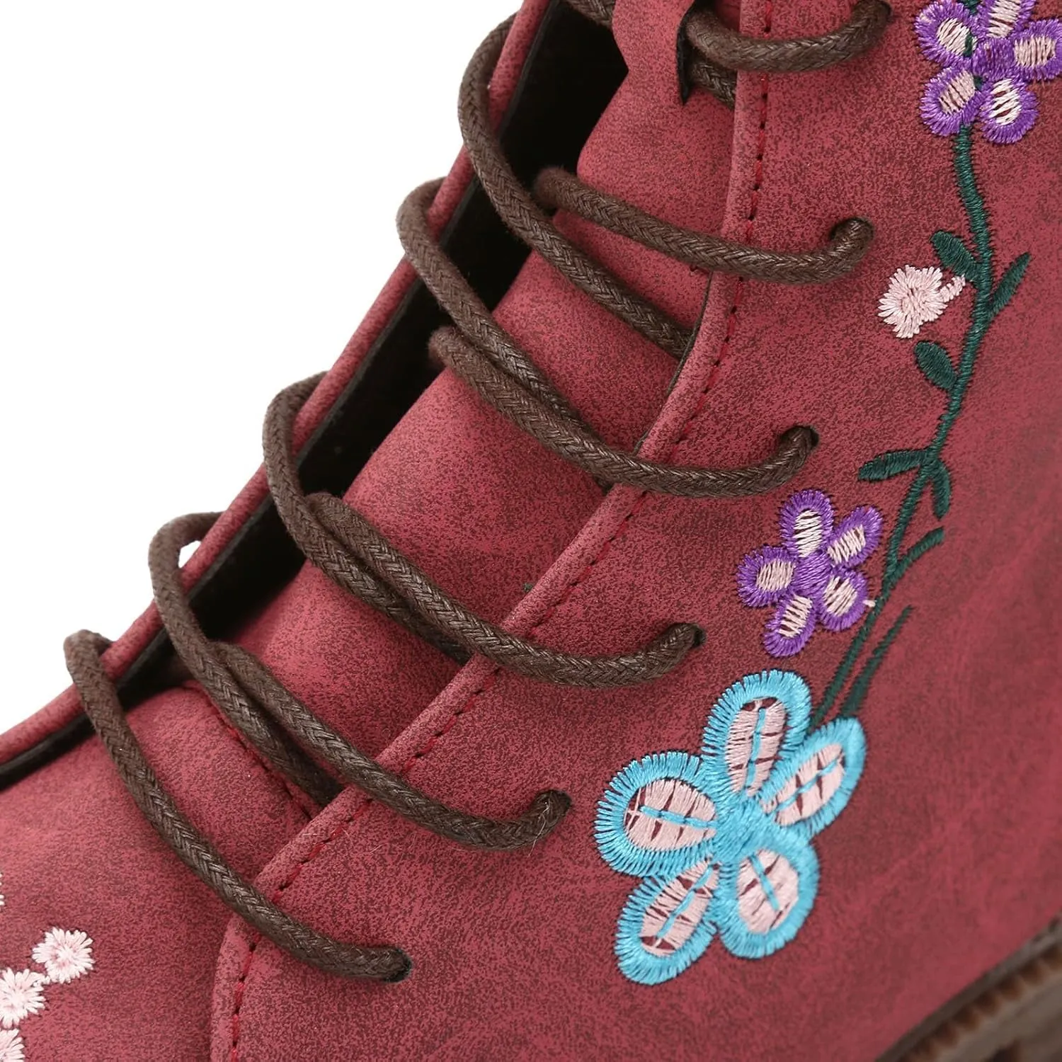 Vintage Combat Boots for Women - Floral Embroidered Suede - Lace Up Low Heel Riding Ankle Booties - 2024 Fall Winter Boots