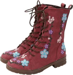 Vintage Combat Boots for Women - Floral Embroidered Suede - Lace Up Low Heel Riding Ankle Booties - 2024 Fall Winter Boots