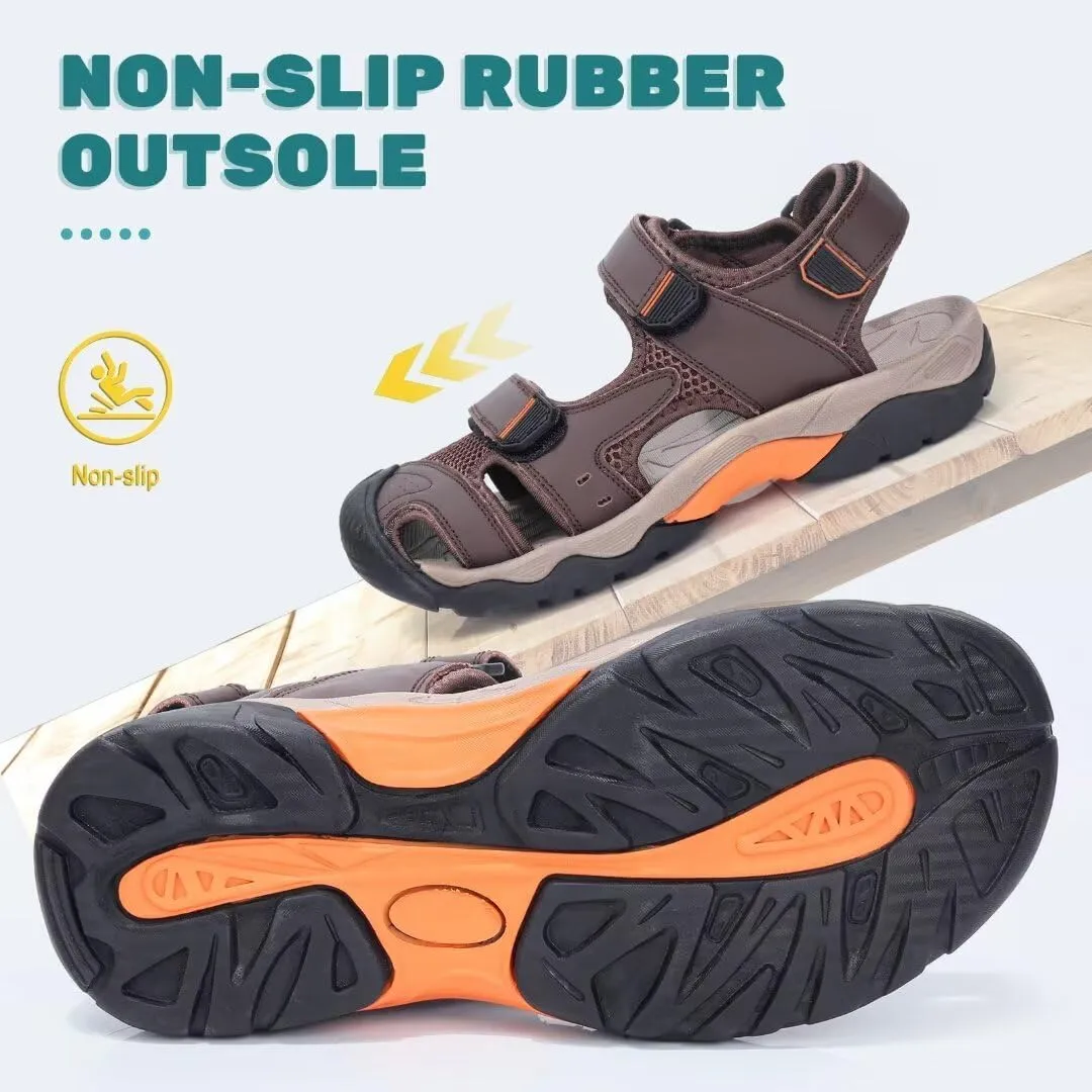 VISIONREAST Mens Leather Sandals - Outdoor Hiking & Waterproof Athletic Sports Sandals - Fisherman Beach Shoes with Closed Toe