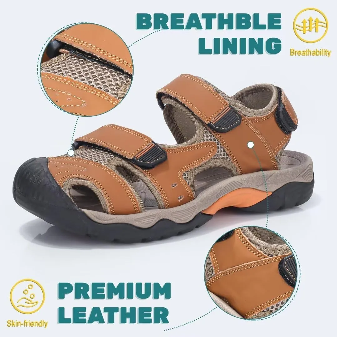 VISIONREAST Mens Leather Sandals - Outdoor Hiking & Waterproof Athletic Sports Sandals - Fisherman Beach Shoes with Closed Toe