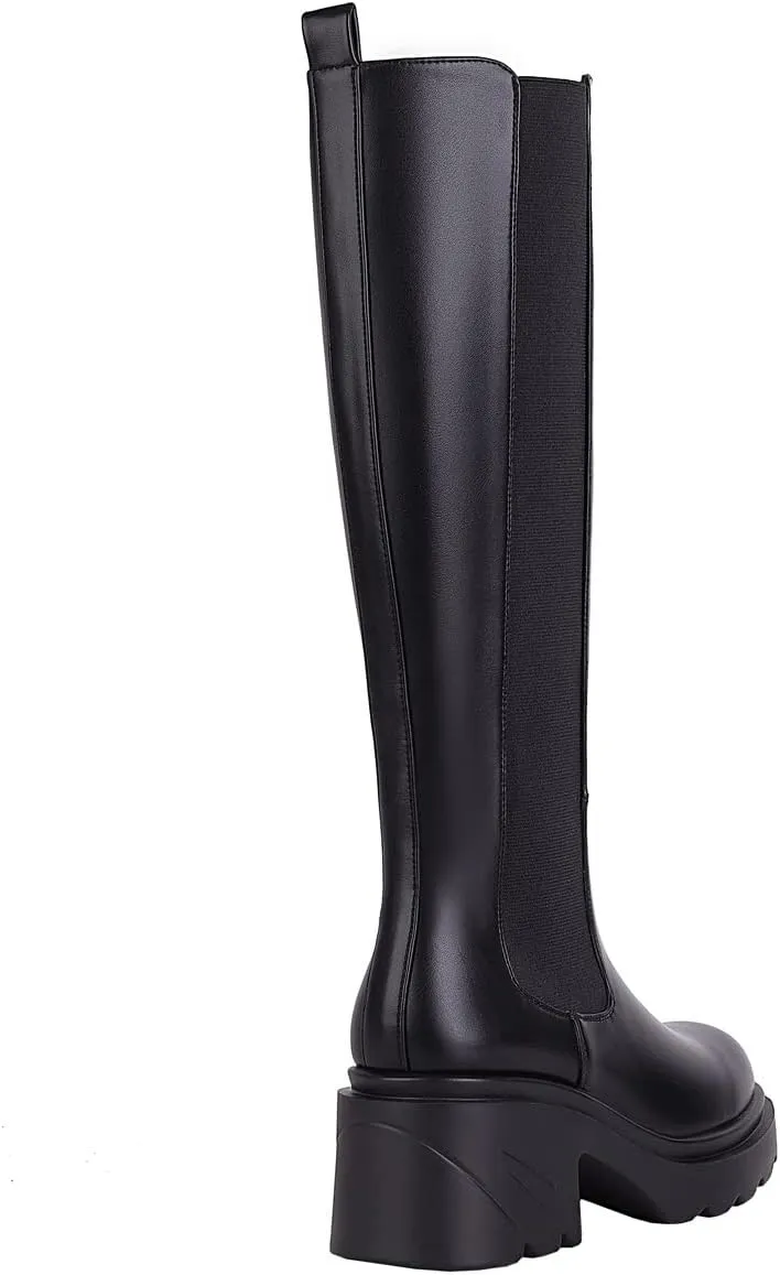 Vivianly Women's Knee High Chunky Block Heel Elastic Lug Sole Stretch Riding Boots with Round Toe and Side Zipper Platform Boots