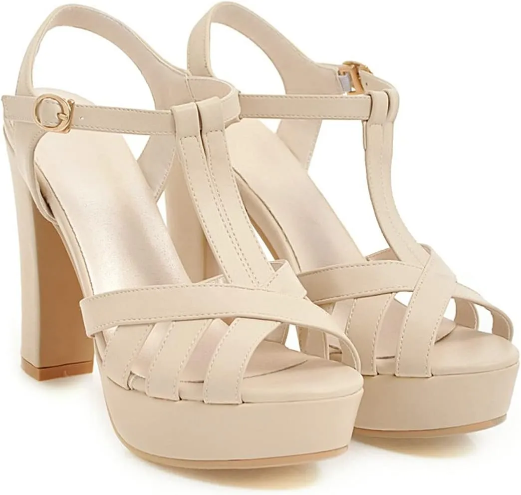 VOKLIN MISTU Women's Fashion T-strap Peep Toe Platform High Heel Sandals Party Evening Pump Dressy Heeled Sandal