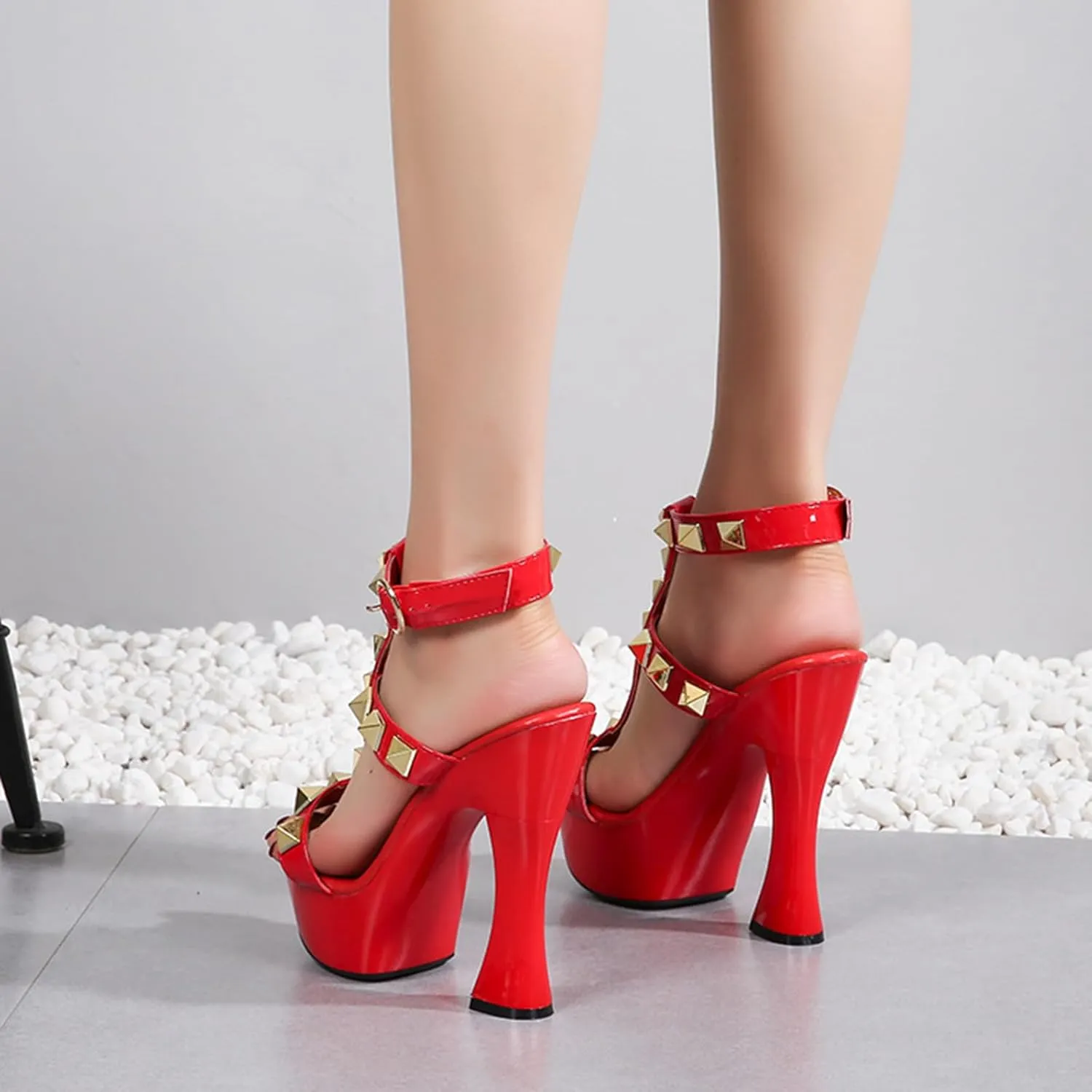 Vujkliy Women's 14CM Thick Heel Rivet Sandals Waterproof Platform Sexy Catwalk Fashion High Heel Sandals