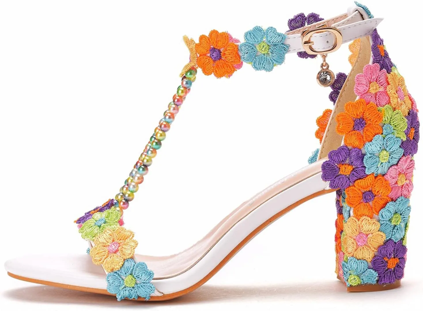 Vujkliy Women's Sandals Pump Round Toe Lace Beaded Square Heel Chunky Heel Sandals Sexy Banquet Wedding 7Cm/2.7In Large Size Sandals