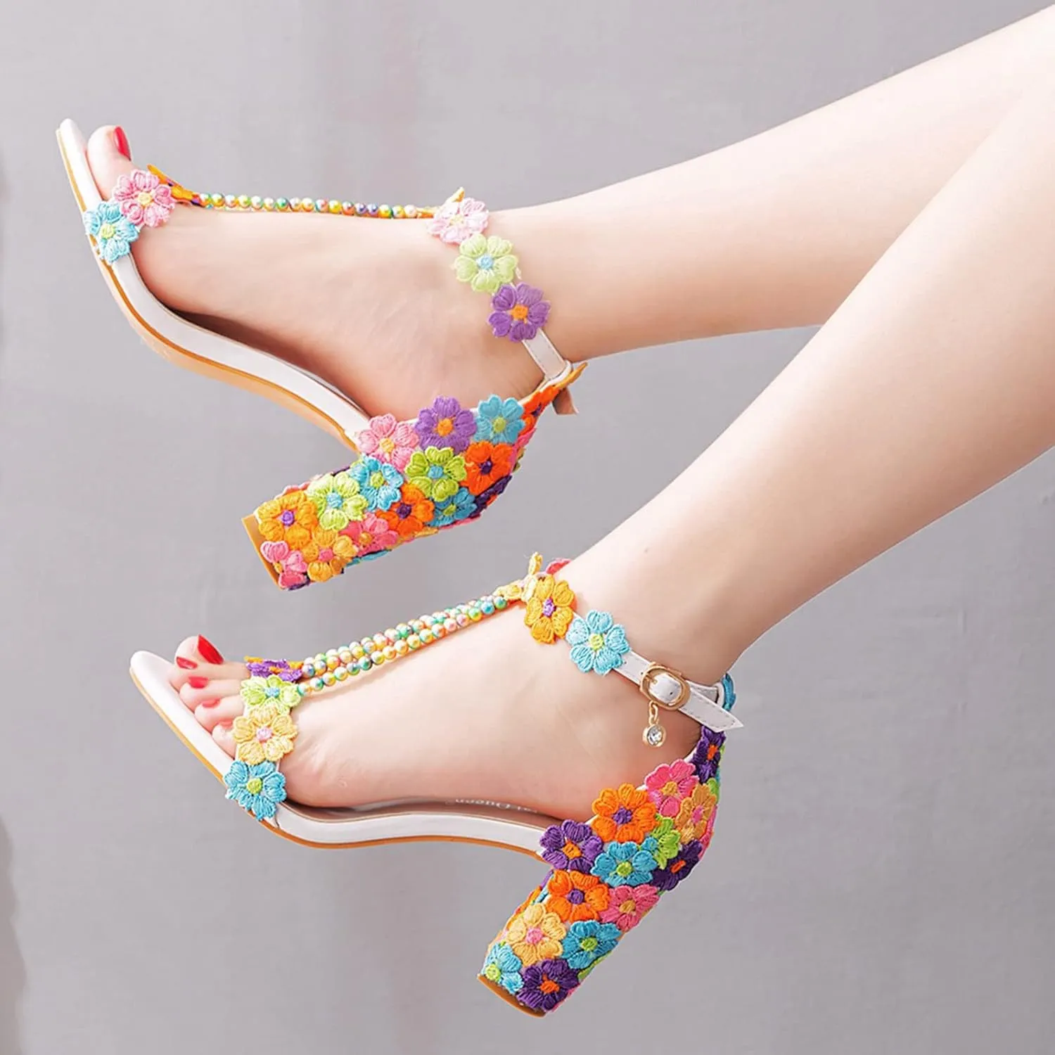 Vujkliy Women's Sandals Pump Round Toe Lace Beaded Square Heel Chunky Heel Sandals Sexy Banquet Wedding 7Cm/2.7In Large Size Sandals