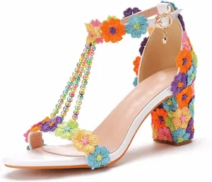 Vujkliy Women's Sandals Pump Round Toe Lace Beaded Square Heel Chunky Heel Sandals Sexy Banquet Wedding 7Cm/2.7In Large Size Sandals