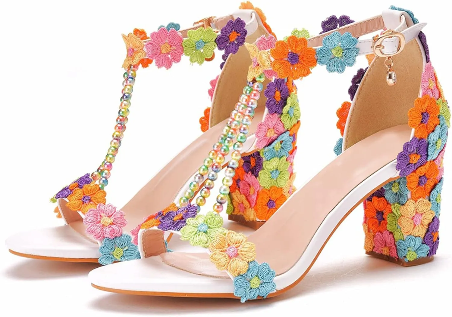 Vujkliy Women's Sandals Pump Round Toe Lace Beaded Square Heel Chunky Heel Sandals Sexy Banquet Wedding 7Cm/2.7In Large Size Sandals