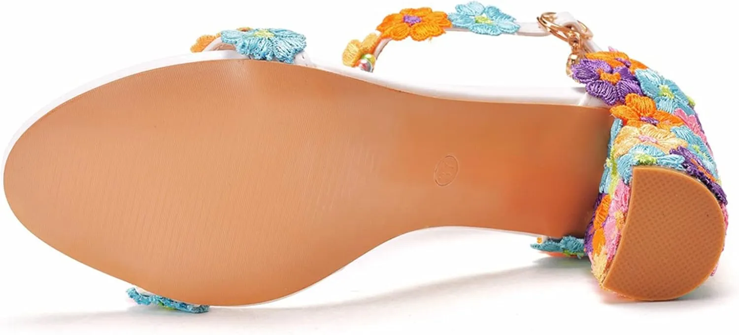 Vujkliy Women's Sandals Pump Round Toe Lace Beaded Square Heel Chunky Heel Sandals Sexy Banquet Wedding 7Cm/2.7In Large Size Sandals
