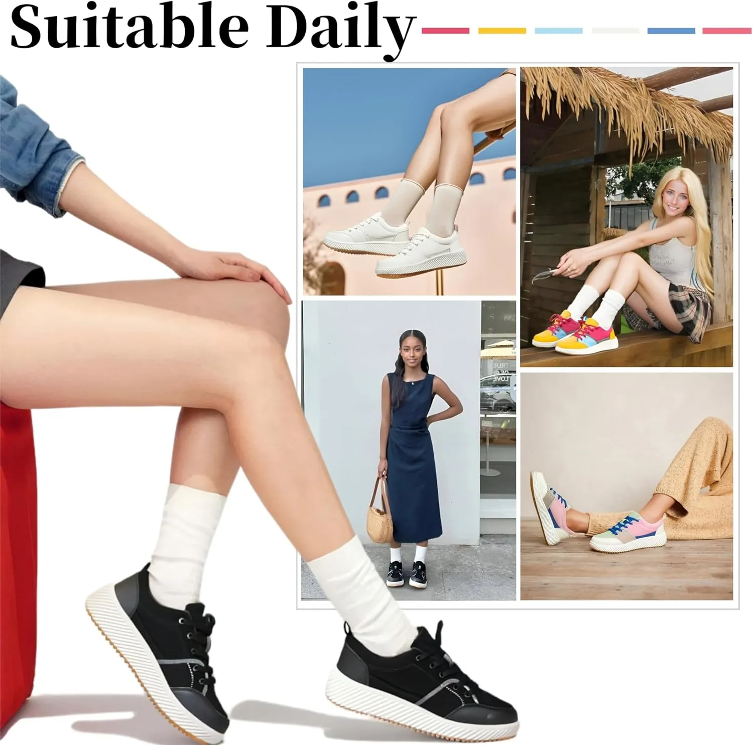 VZQ Women's Fashion Sneakers Lace Up Canvas Platform Shoes Casual Comfortable Low Top Skate Shoe for Walking