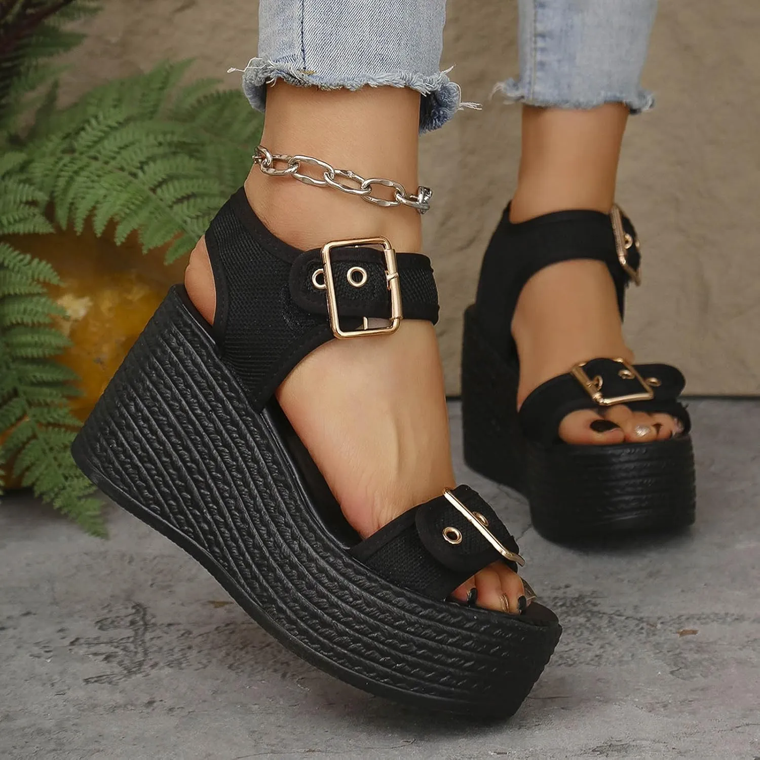 Waterproof Platform Sandals For Women 2025 Party Casual Wedges Sandal Double Buckle Strap Open Toe Chunky High Heel Shoes