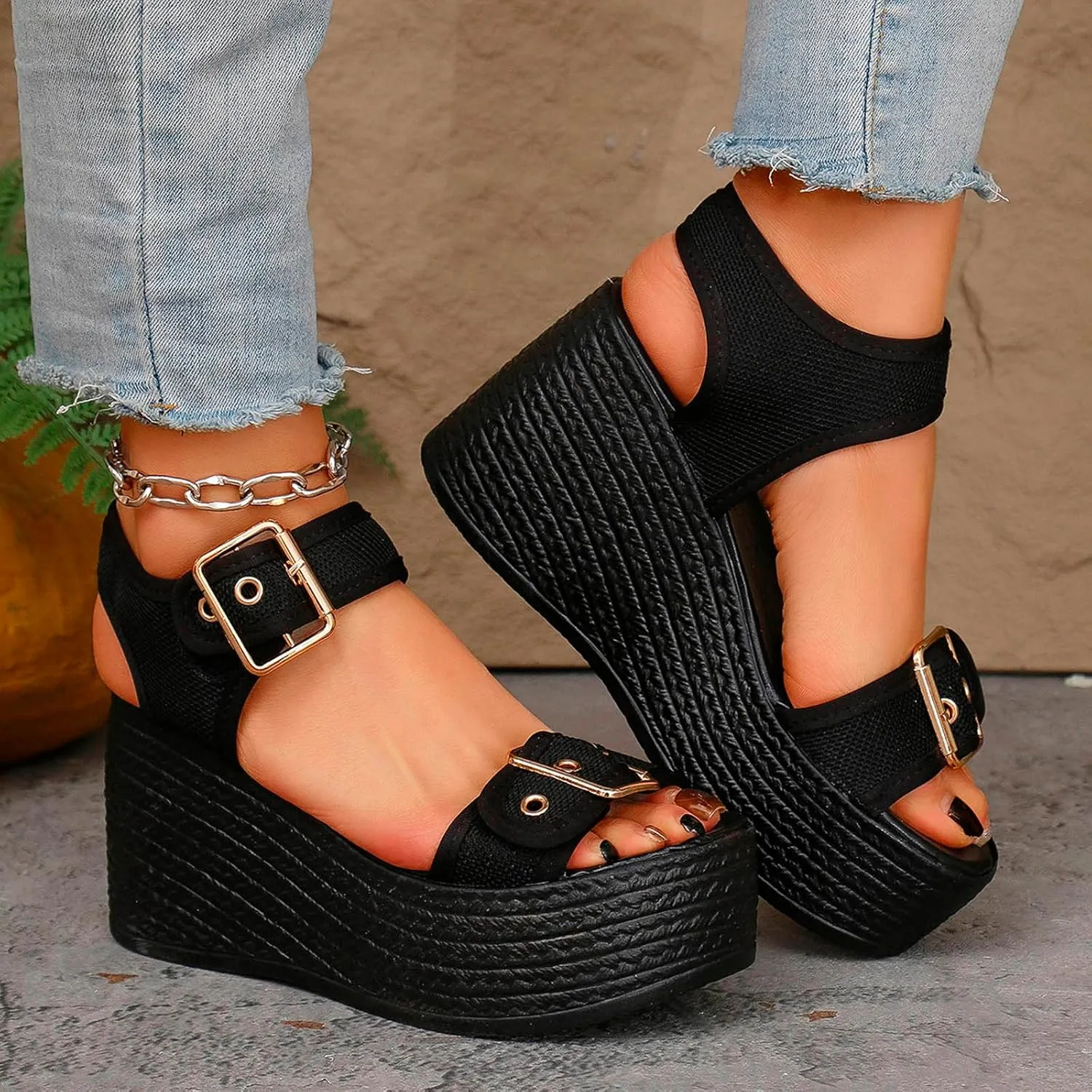 Waterproof Platform Sandals For Women 2025 Party Casual Wedges Sandal Double Buckle Strap Open Toe Chunky High Heel Shoes