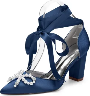 Wedding Bridal Shoes Women Bridal Pointed Toe Heels Chunky Women Dress Shoes Pumps 8.5Cm