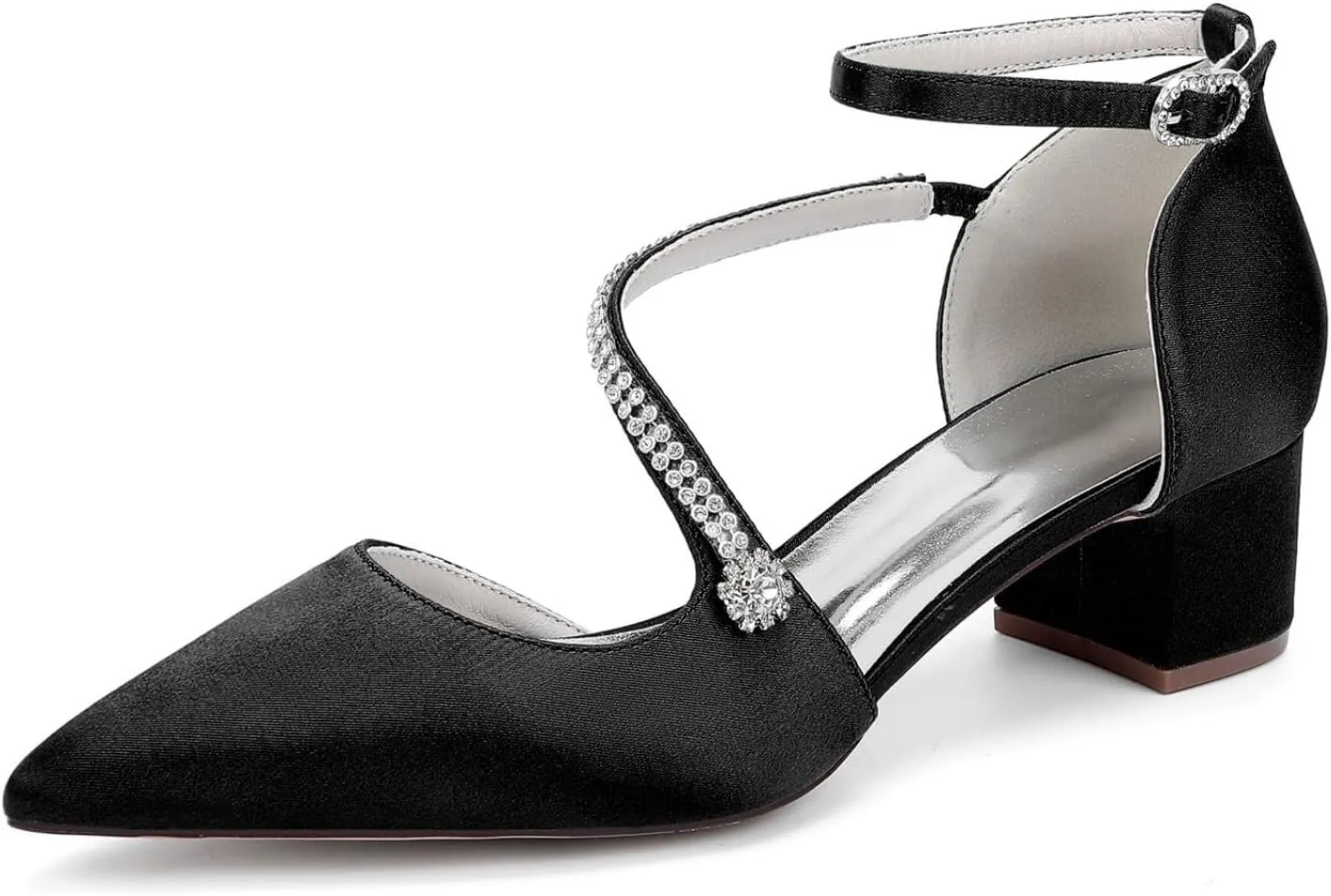 Wedding Bridal Shoes Women's Chunky Low Heels Pointed Toe Bridal Block Dress Ankle Strap Pump Wedding Sandals 4.5Cm