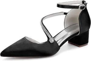 Wedding Bridal Shoes Women's Chunky Low Heels Pointed Toe Bridal Block Dress Ankle Strap Pump Wedding Sandals 4.5Cm