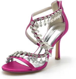 Wedding Bridal Shoes Womens Heeled Sandals Ankle Strap Buckle Open Toe Crystal Tassels High Stiletto Heel Pump Dress Party Shoes9.5Cm
