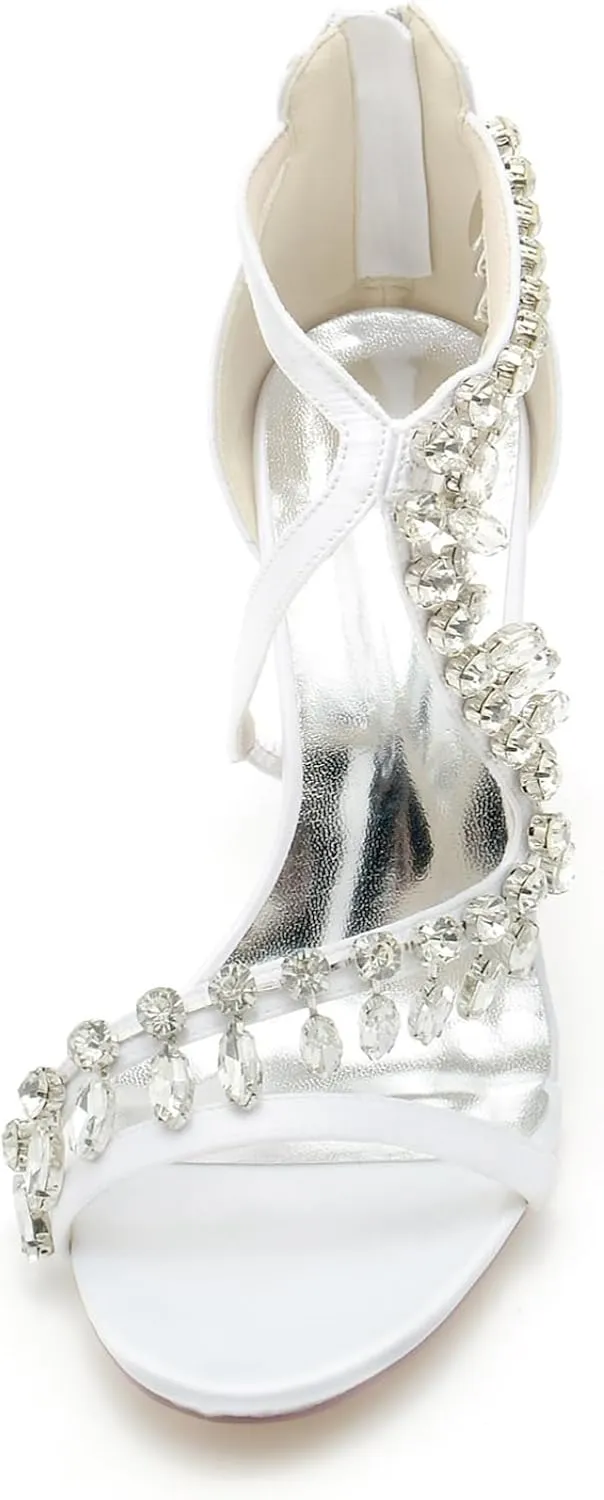 Wedding Bridal Shoes Womens Heeled Sandals Ankle Strap Buckle Open Toe Crystal Tassels High Stiletto Heel Pump Dress Party Shoes9.5Cm