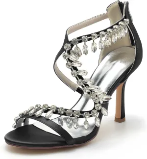 Wedding Bridal Shoes Womens Heeled Sandals Ankle Strap Buckle Open Toe Crystal Tassels High Stiletto Heel Pump Dress Party Shoes9.5Cm