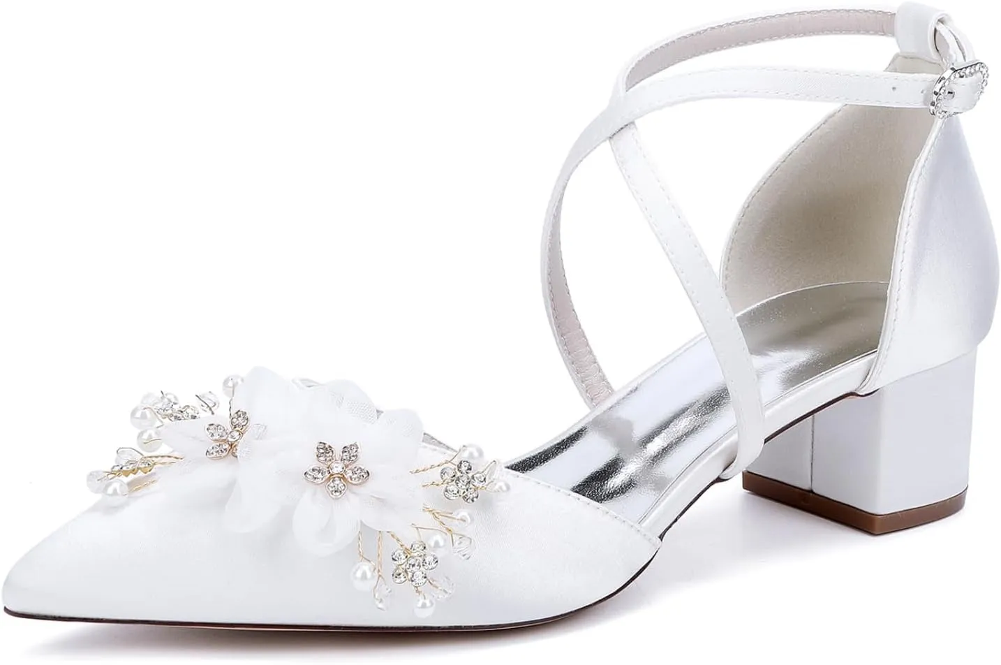 Wedding Bridal Shoes Women's Satin Low Block Heels Pointed Toe Party Dress High Heels Sandals 4.5Cm