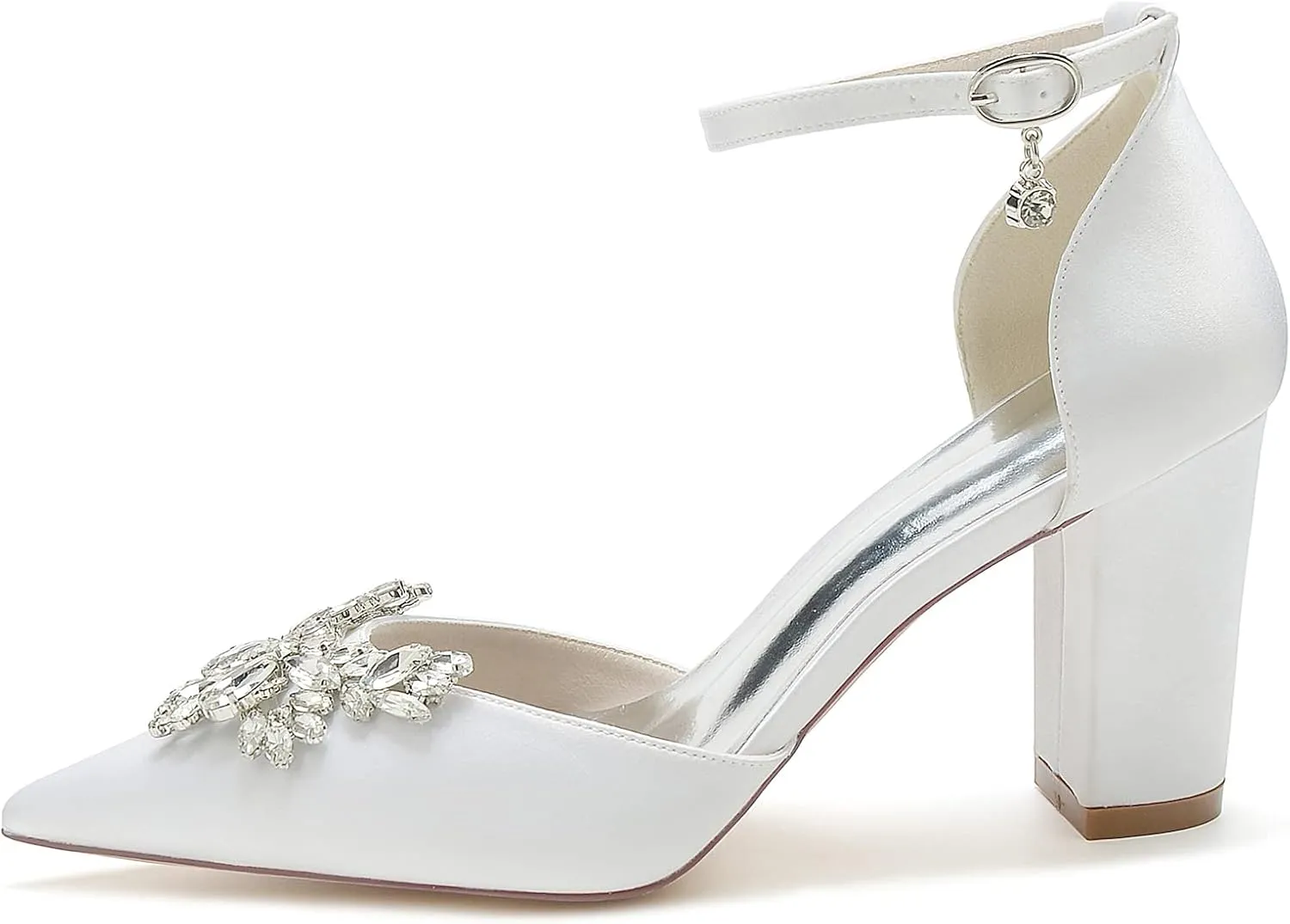 Wedding Shoes Bride Pointed Toe High Heels Shoes Wedding Satin Chunky Heels Prom Party Dress Pumps 8.5Cm