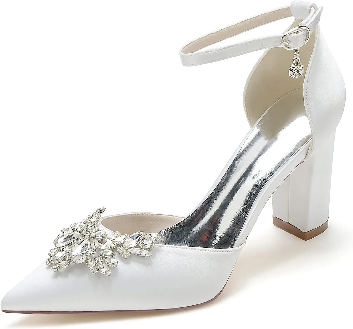Wedding Shoes Bride Pointed Toe High Heels Shoes Wedding Satin Chunky Heels Prom Party Dress Pumps 8.5Cm