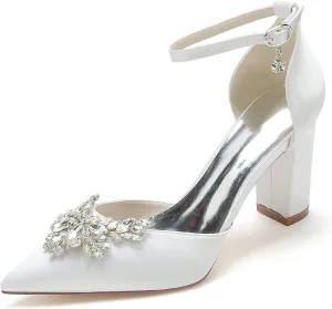 Wedding Shoes Bride Pointed Toe High Heels Shoes Wedding Satin Chunky Heels Prom Party Dress Pumps 8.5Cm