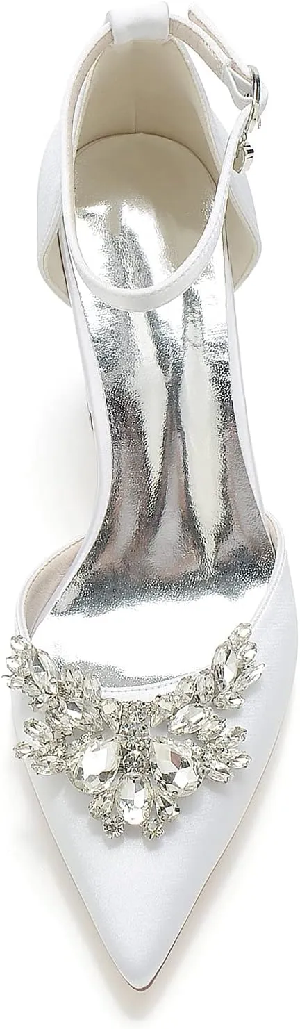 Wedding Shoes Bride Pointed Toe High Heels Shoes Wedding Satin Chunky Heels Prom Party Dress Pumps 8.5Cm