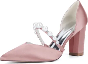 Wedding Shoes Women's Heels,Satin Pumps, Nude Heels for Women,Chunky Heels Bridal Women,Pointed Toe Dress Office Wedding Shoes 8.5Cm
