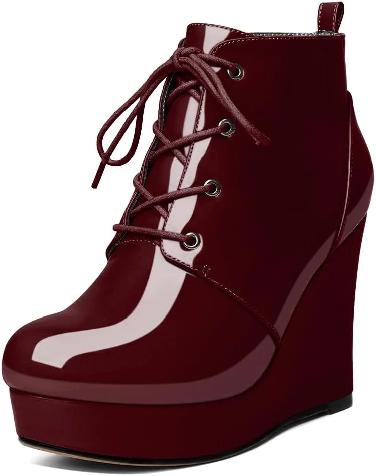 Wedge Ankle Boots Women's Platform Short Bootie Round Toe Lace up Wedge Heels Boots 4 Inch Warm Dress Boots for Party Evening Shoes
