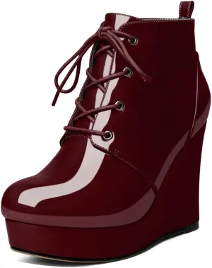 Wedge Ankle Boots Women's Platform Short Bootie Round Toe Lace up Wedge Heels Boots 4 Inch Warm Dress Boots for Party Evening Shoes