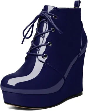Wedge Ankle Boots Women's Platform Short Bootie Round Toe Lace up Wedge Heels Boots 4 Inch Warm Dress Boots for Party Evening Shoes