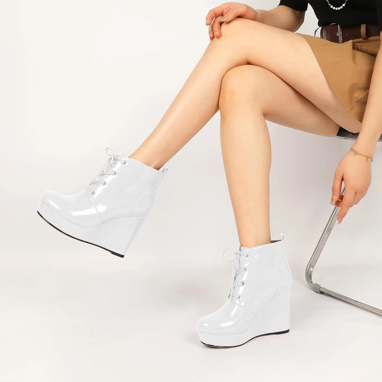 Wedge Ankle Boots Women's Platform Short Bootie Round Toe Lace up Wedge Heels Boots 4 Inch Warm Dress Boots for Party Evening Shoes