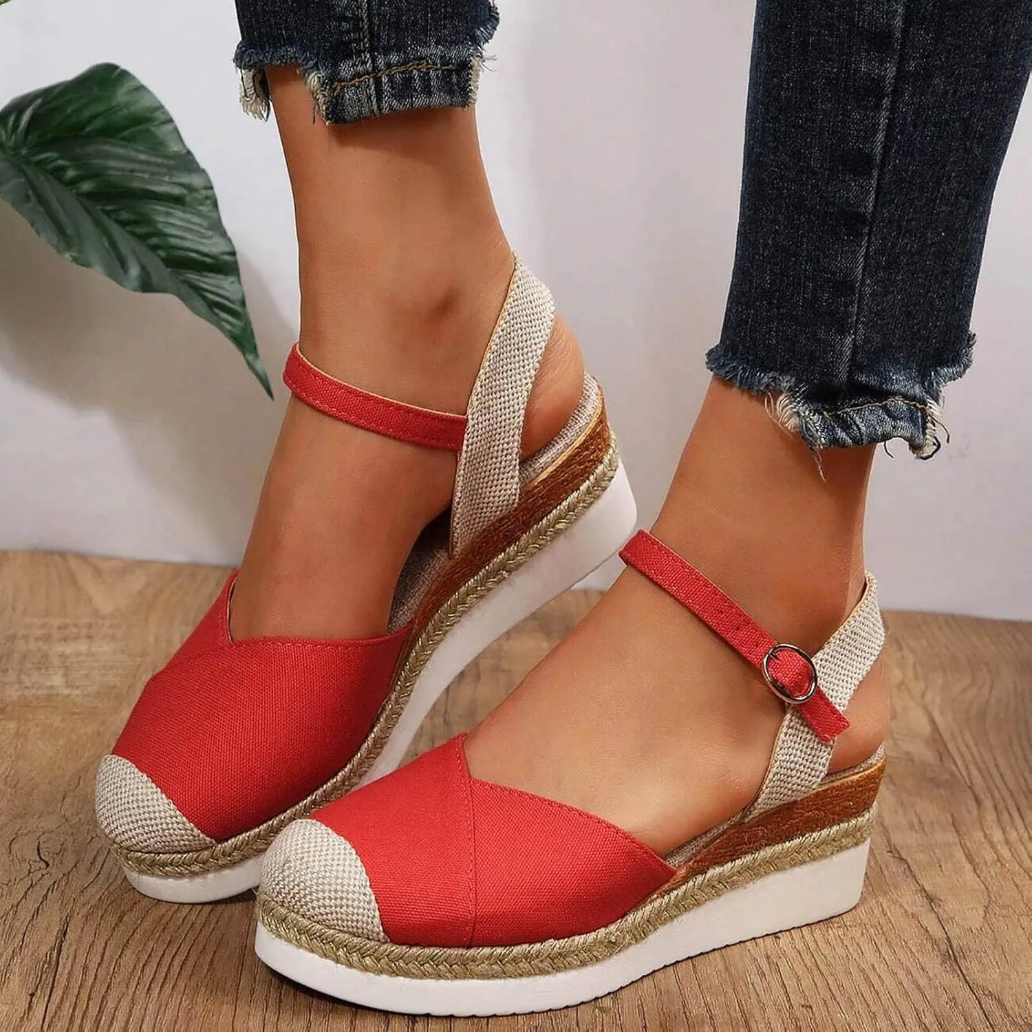 Wedge Sandals for Women 2024 Vacation Slingback Court Wedges For Women Canvas Colorblock Espadrille Wedge Shoes