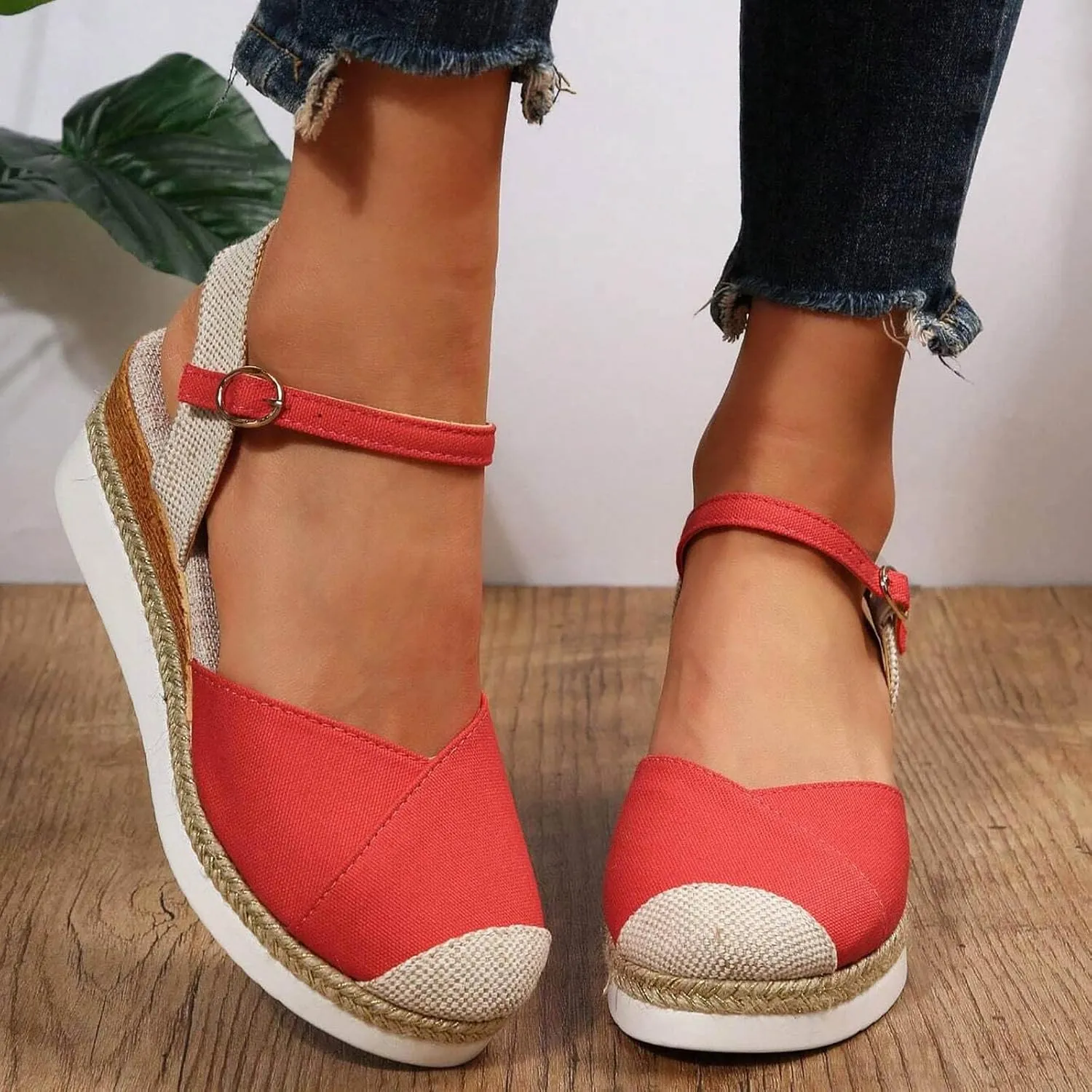 Wedge Sandals for Women 2024 Vacation Slingback Court Wedges For Women Canvas Colorblock Espadrille Wedge Shoes