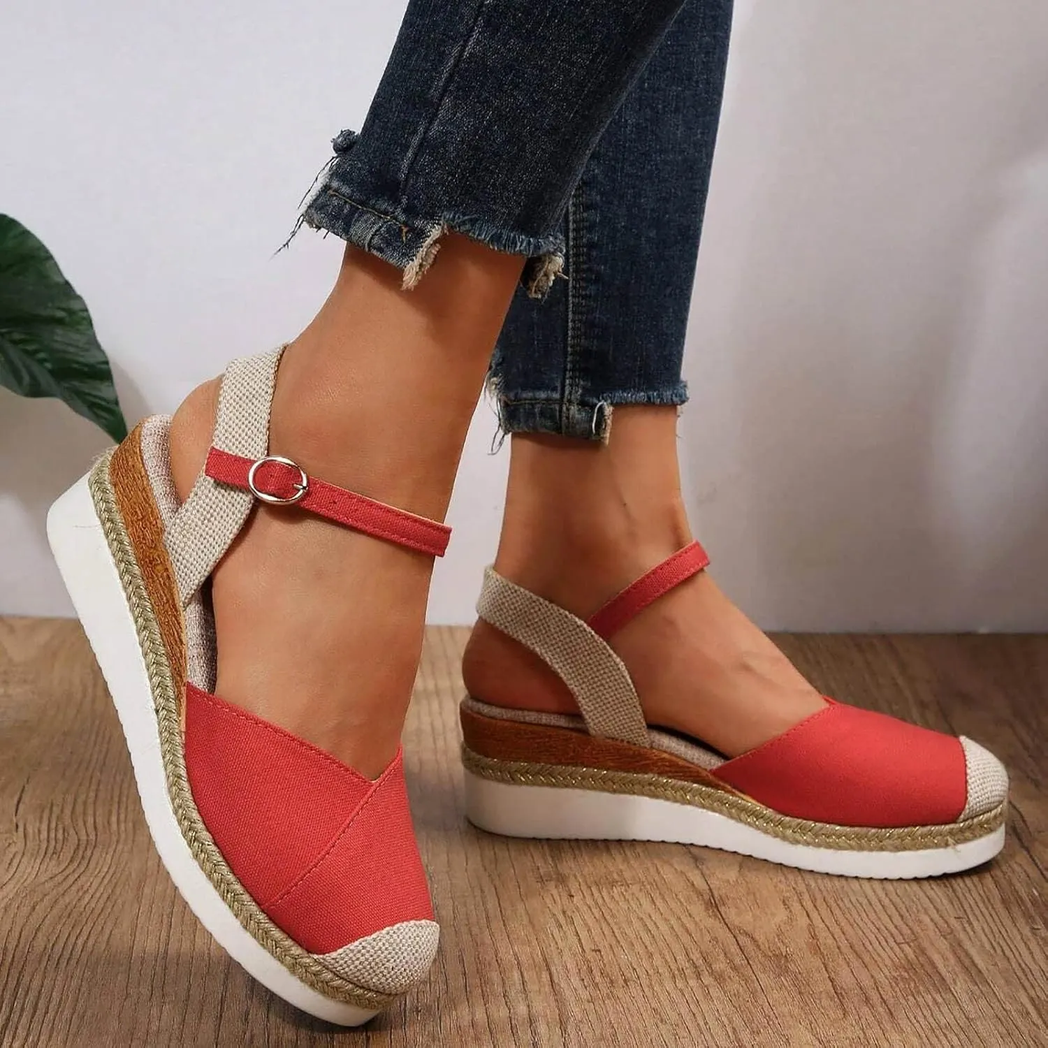 Wedge Sandals for Women 2024 Vacation Slingback Court Wedges For Women Canvas Colorblock Espadrille Wedge Shoes