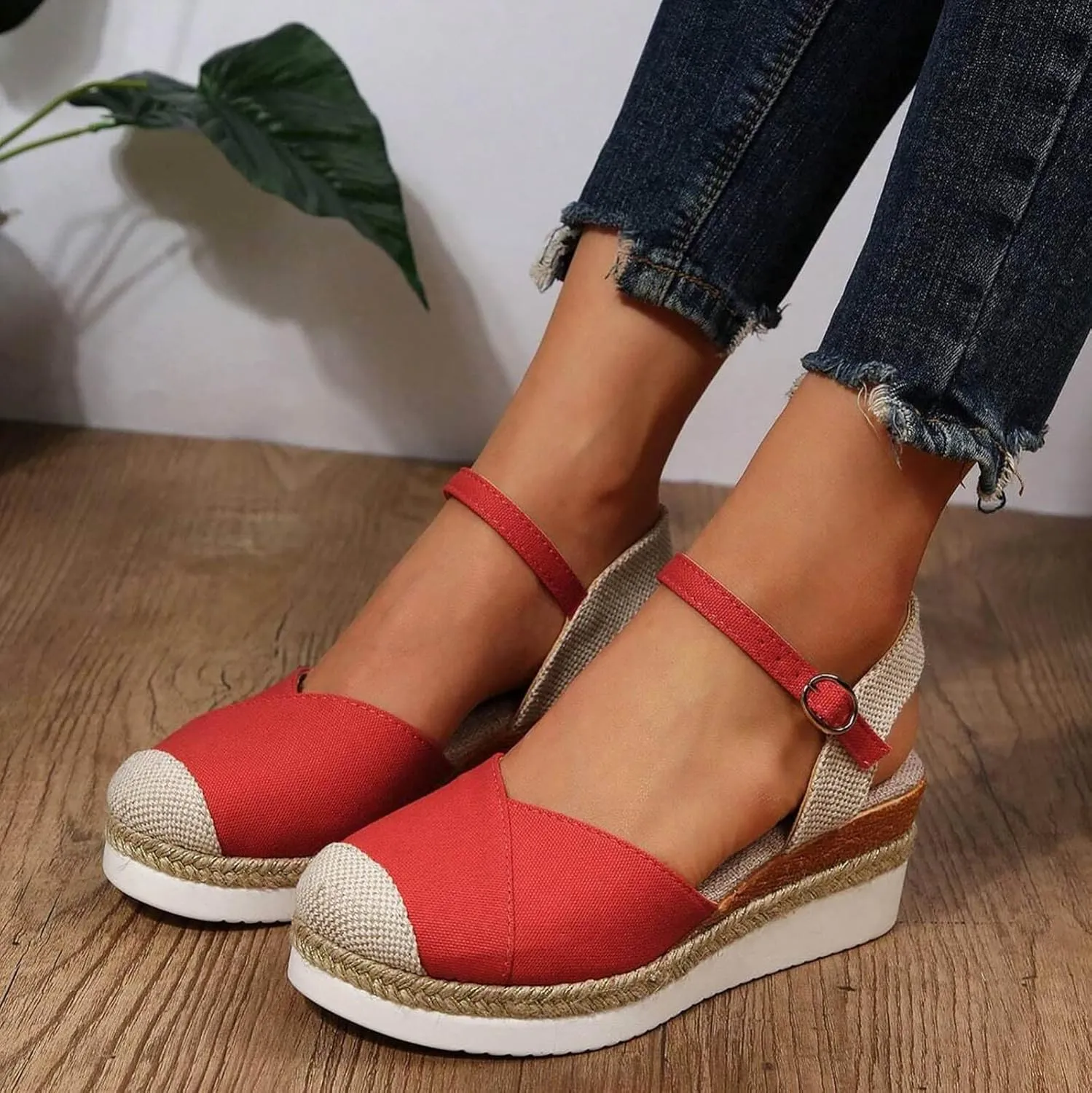 Wedge Sandals for Women 2024 Vacation Slingback Court Wedges For Women Canvas Colorblock Espadrille Wedge Shoes