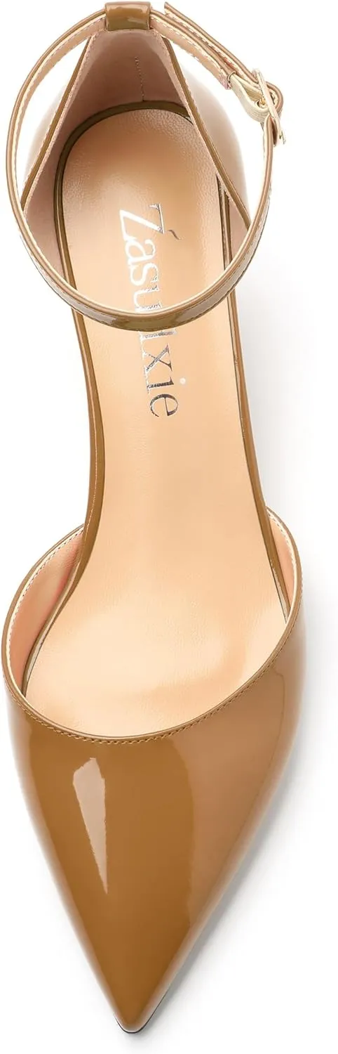 Wedges for Women, Closed Pointed Toe Patent Buckled Ankle Strap Wedge Low Heel Pumps Classic Office Dress Shoes 2 Inches
