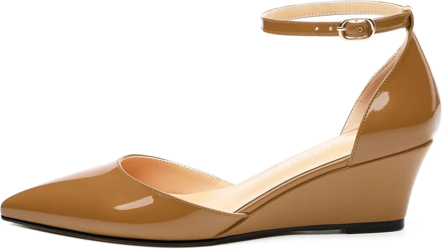 Wedges for Women, Closed Pointed Toe Patent Buckled Ankle Strap Wedge Low Heel Pumps Classic Office Dress Shoes 2 Inches