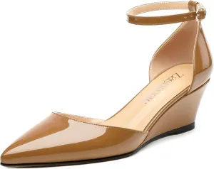 Wedges for Women, Closed Pointed Toe Patent Buckled Ankle Strap Wedge Low Heel Pumps Classic Office Dress Shoes 2 Inches