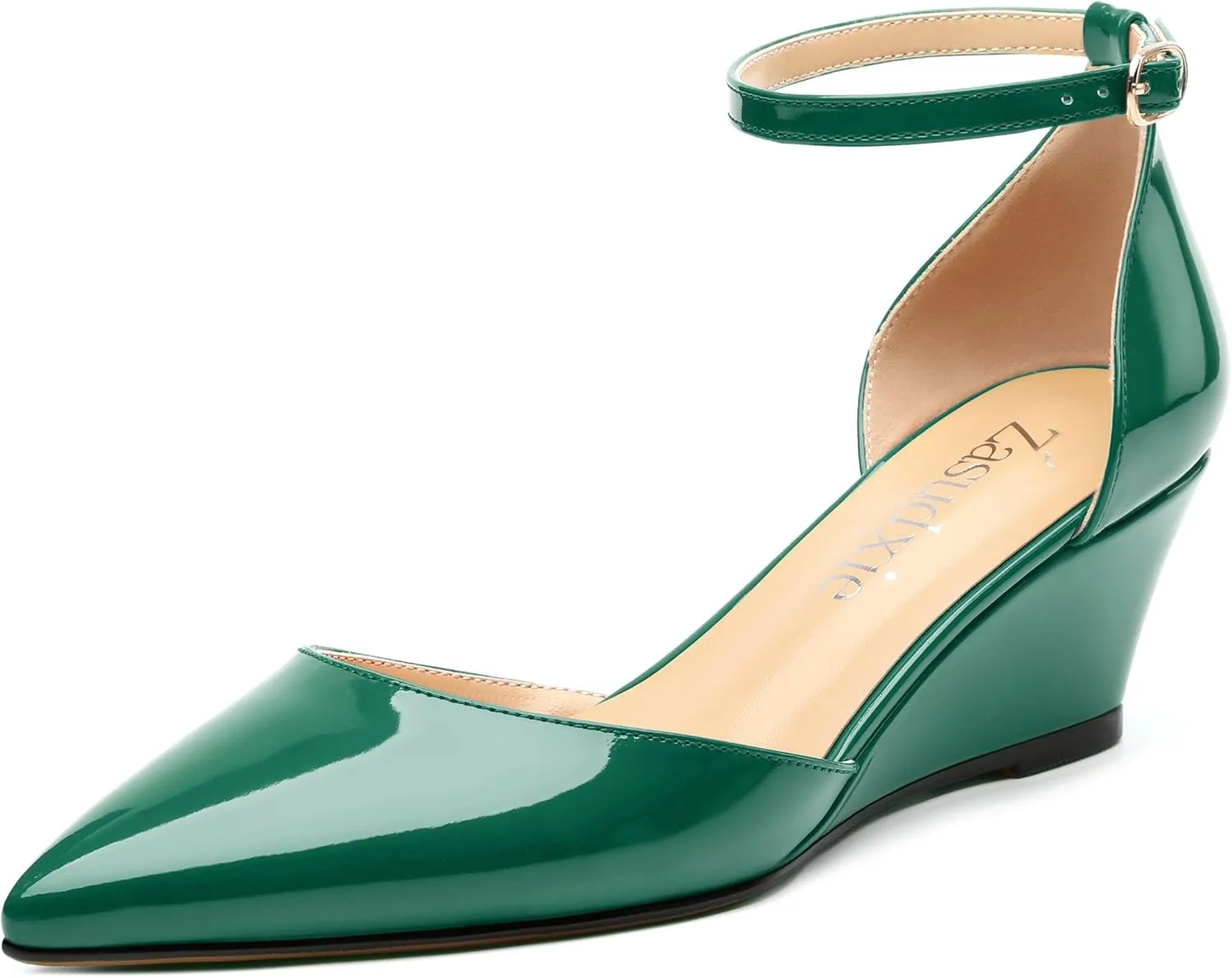 Wedges for Women, Closed Pointed Toe Patent Buckled Ankle Strap Wedge Low Heel Pumps Classic Office Dress Shoes 2 Inches
