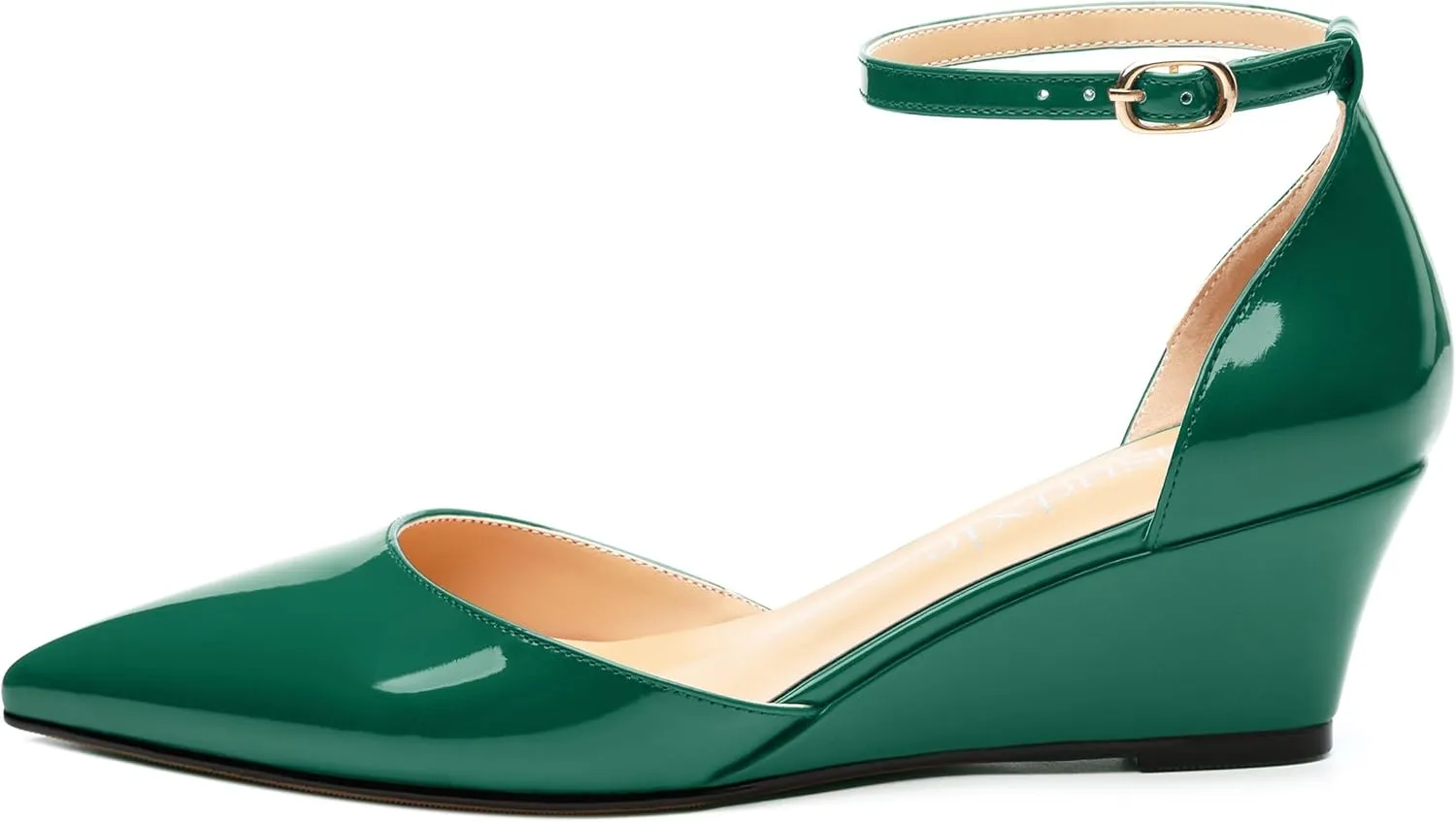 Wedges for Women, Closed Pointed Toe Patent Buckled Ankle Strap Wedge Low Heel Pumps Classic Office Dress Shoes 2 Inches