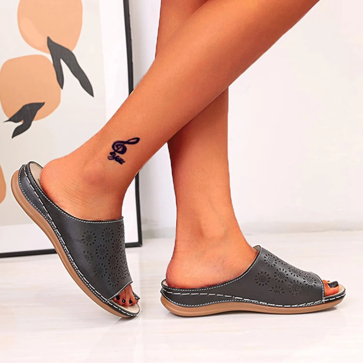 Wedges Sandals for Women 2022 Summer Open Toe Slip on Slide Slippers with Arch Support Breathable Hollow Comfortable Flat Beach Shoes,Black,US6/EU37