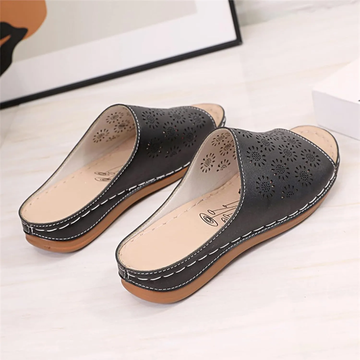 Wedges Sandals for Women 2022 Summer Open Toe Slip on Slide Slippers with Arch Support Breathable Hollow Comfortable Flat Beach Shoes,Black,US6/EU37