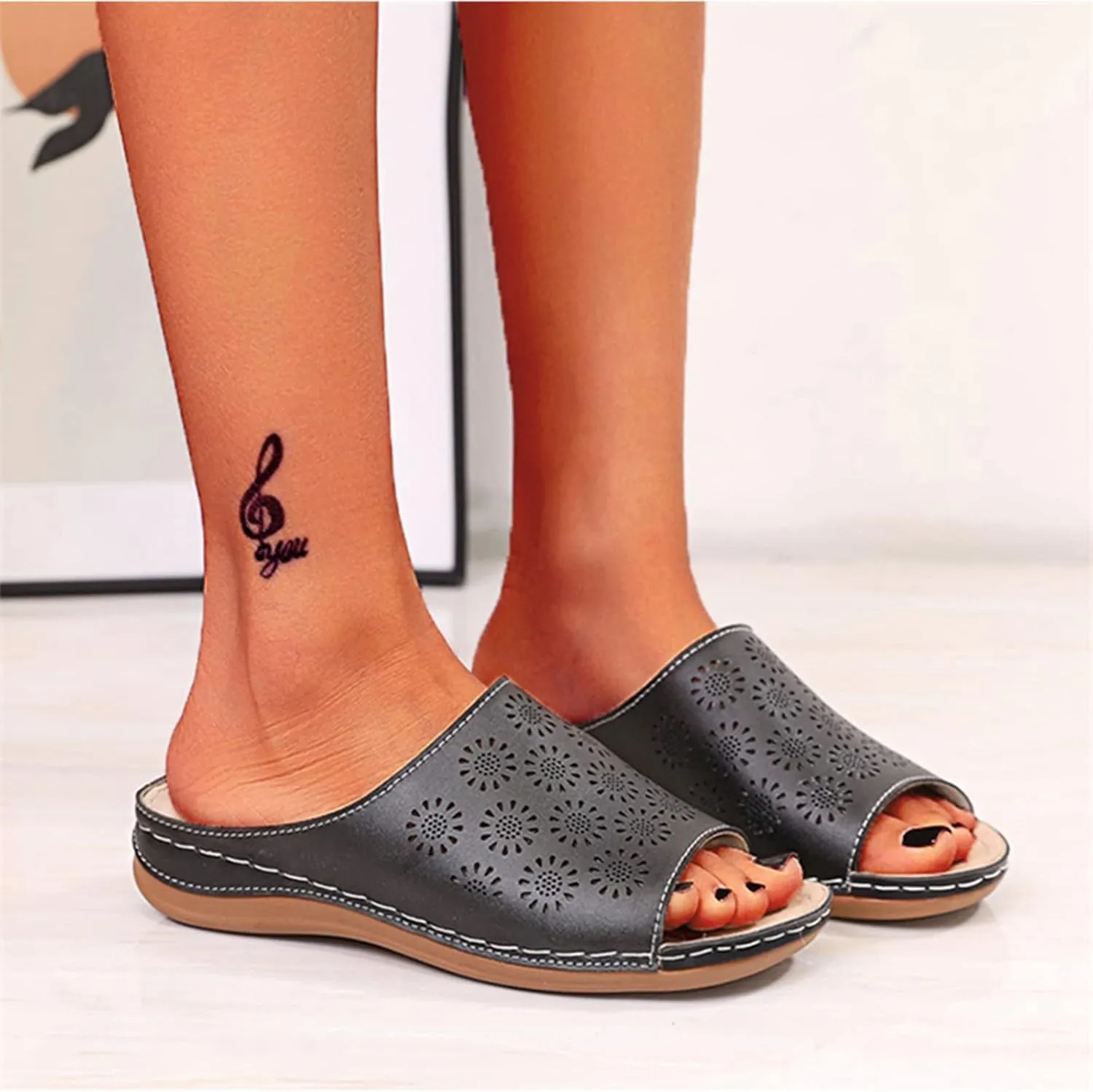 Wedges Sandals for Women 2022 Summer Open Toe Slip on Slide Slippers with Arch Support Breathable Hollow Comfortable Flat Beach Shoes,Black,US6/EU37