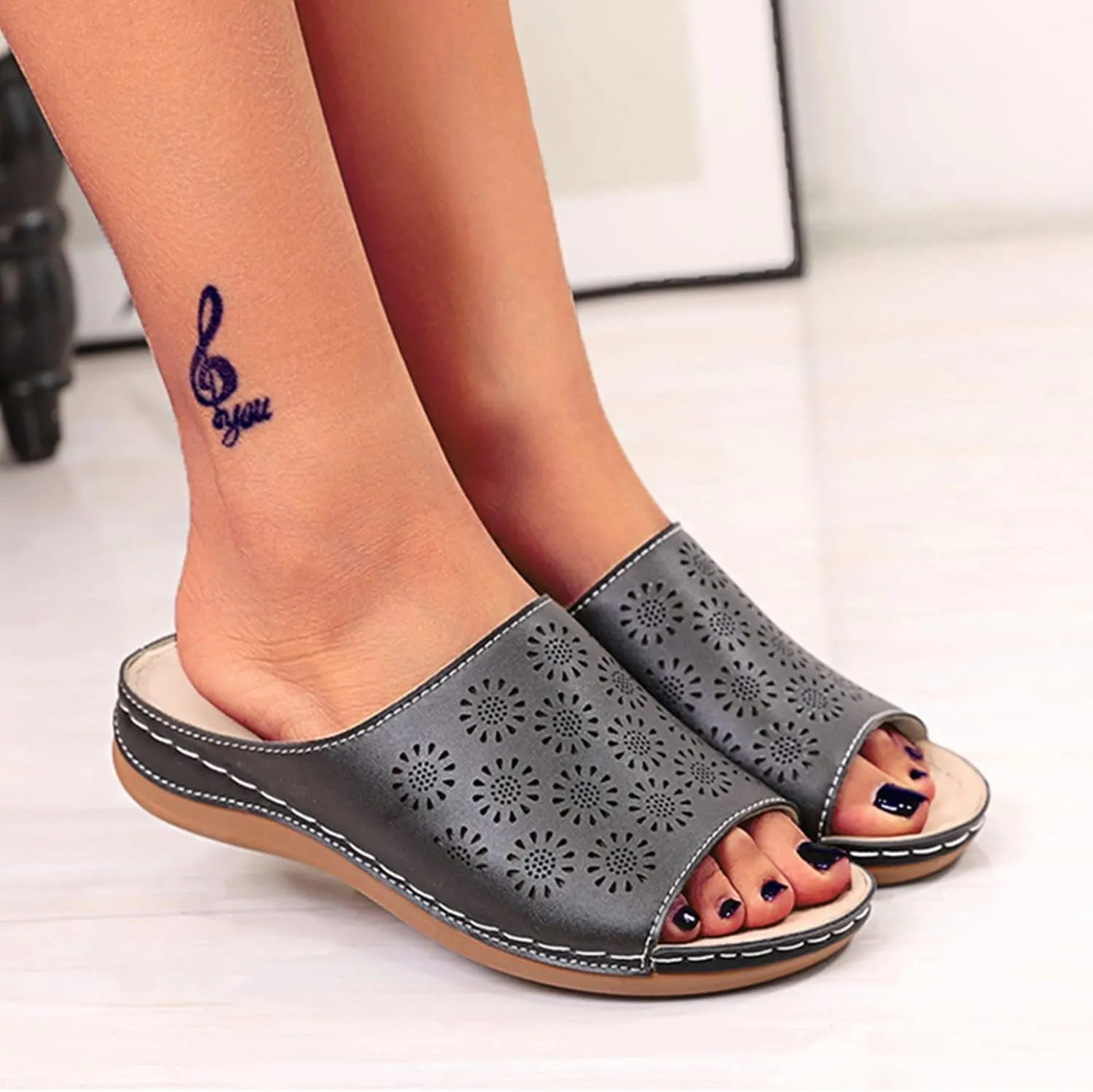 Wedges Sandals for Women 2022 Summer Open Toe Slip on Slide Slippers with Arch Support Breathable Hollow Comfortable Flat Beach Shoes,Black,US6/EU37