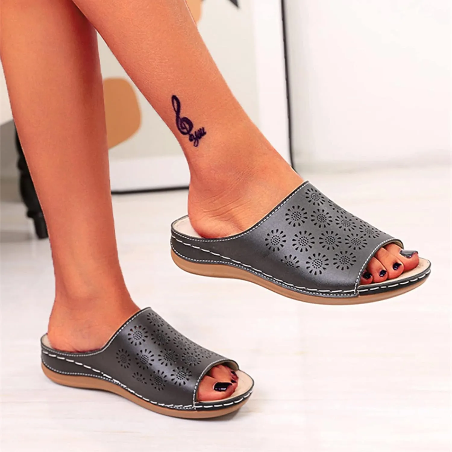 Wedges Sandals for Women 2022 Summer Open Toe Slip on Slide Slippers with Arch Support Breathable Hollow Comfortable Flat Beach Shoes,Black,US6/EU37